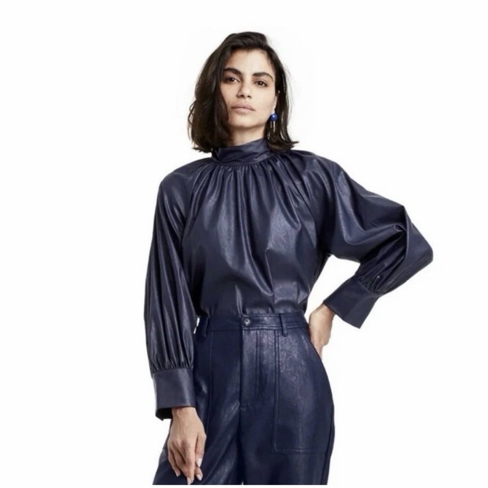 Rachel Comey Maritime Blue
Navy Long Sleeve Faux Leather
Button & Tie Back Top - Picture 3 of 10